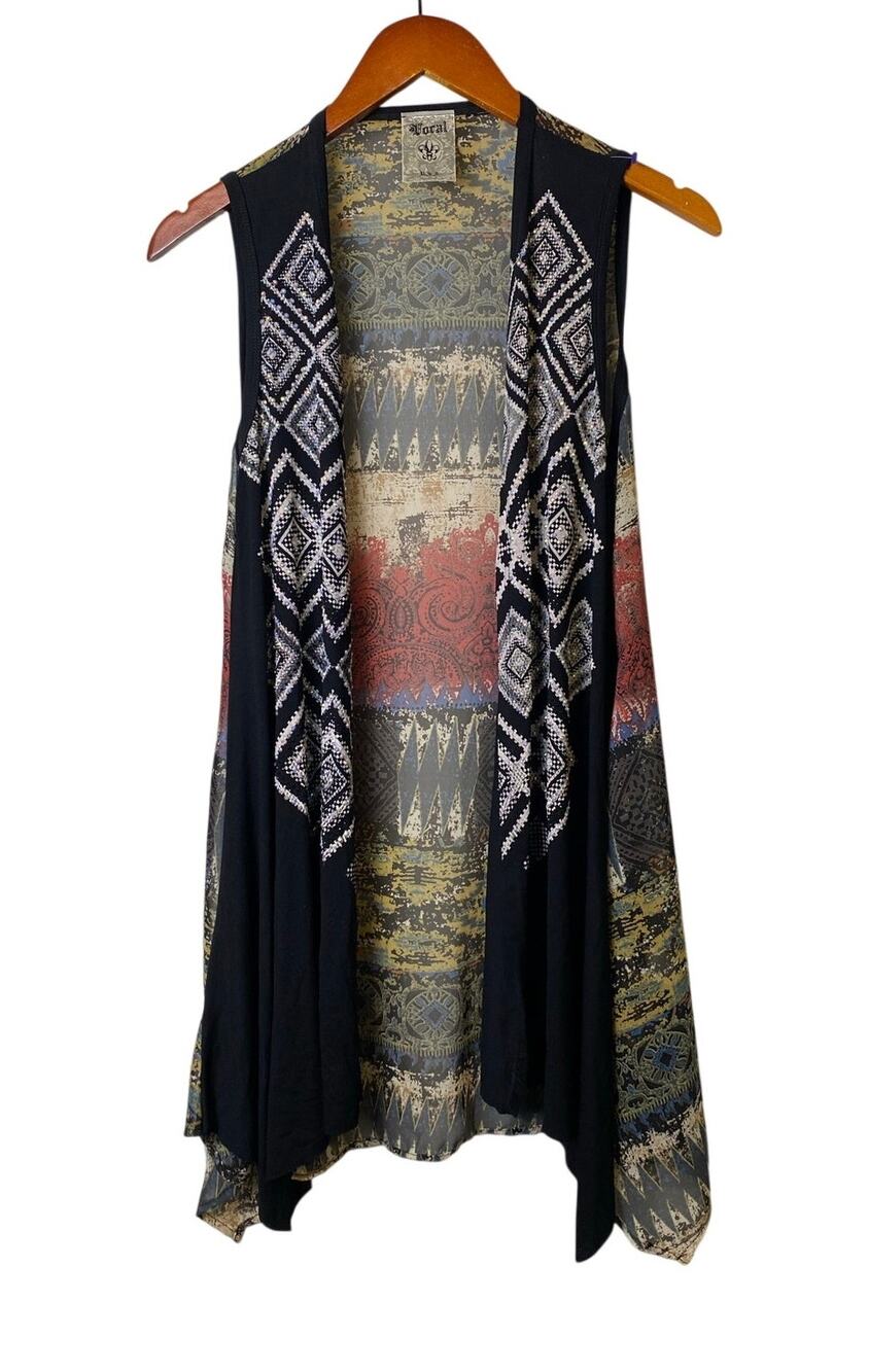 VOCAL Black Red Cream Lightweight Metal Embellished Sleeveless Cardigan Small